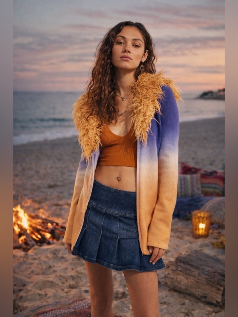 House of Sunny Desert Rose Peggy Ombre Cardigan Faux Fur S